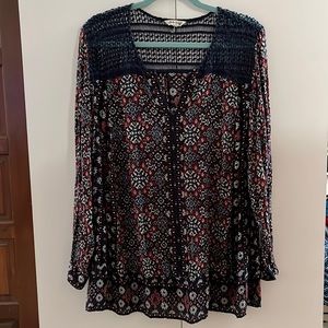 Lucky Brand Loose Flowy Peasant Top Shirt Lightweight Navy Crochet Yoke 2x
